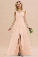 Simple High Low A-line V-Neck Ruffles Chiffon Pearl Pink Bridesmaid Dress
