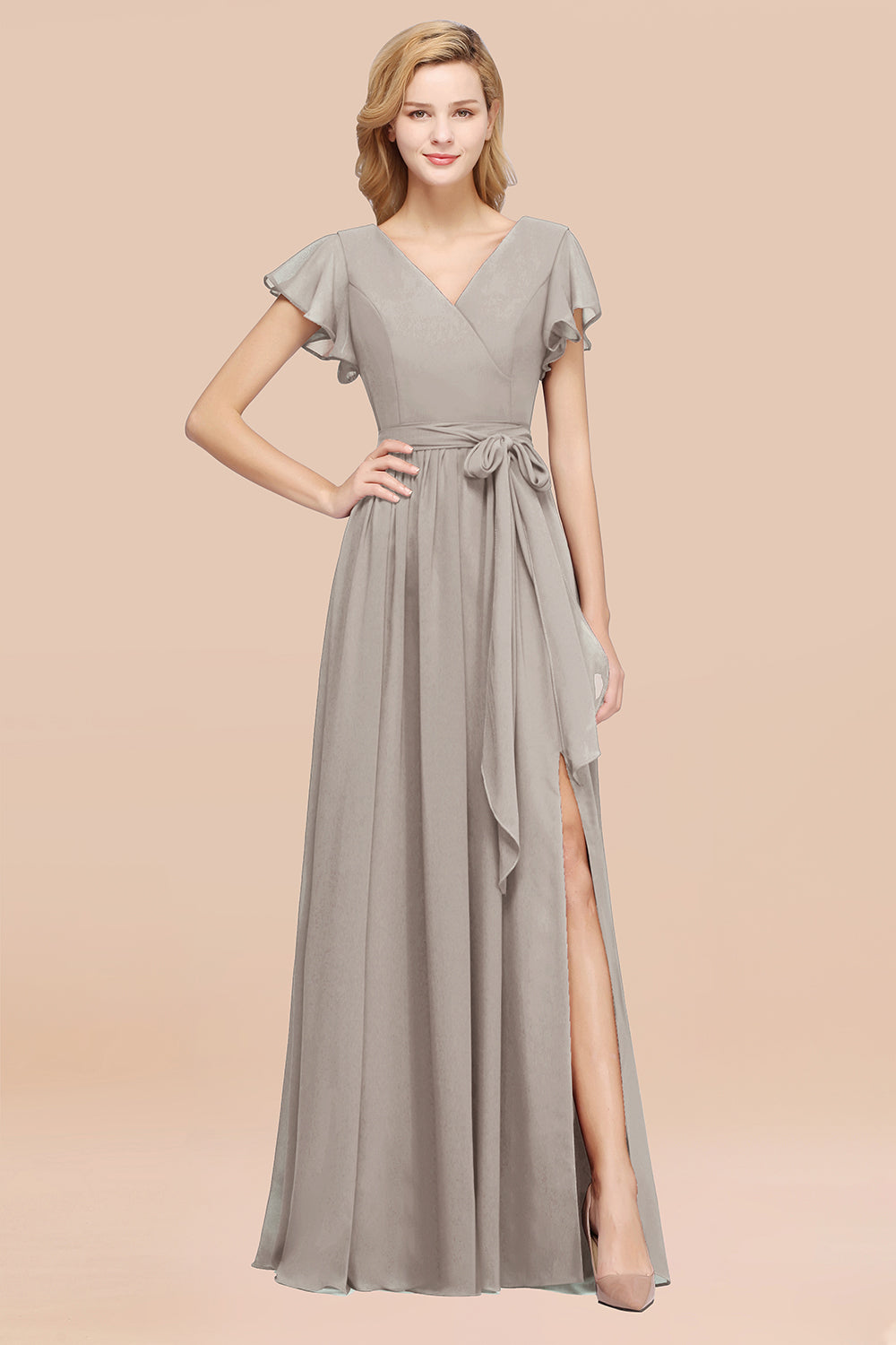 A-line Chiffon V-Neck Short Sleeves Floor Length Bridesmaid Dresses with Bow Sash
