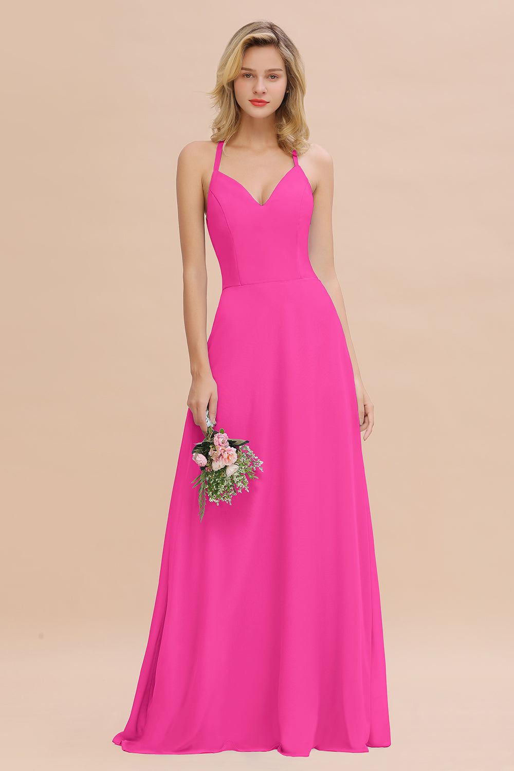 Stylish Chiffon Spaghetti Straps Sleeveless Long Bridesmaid Dress