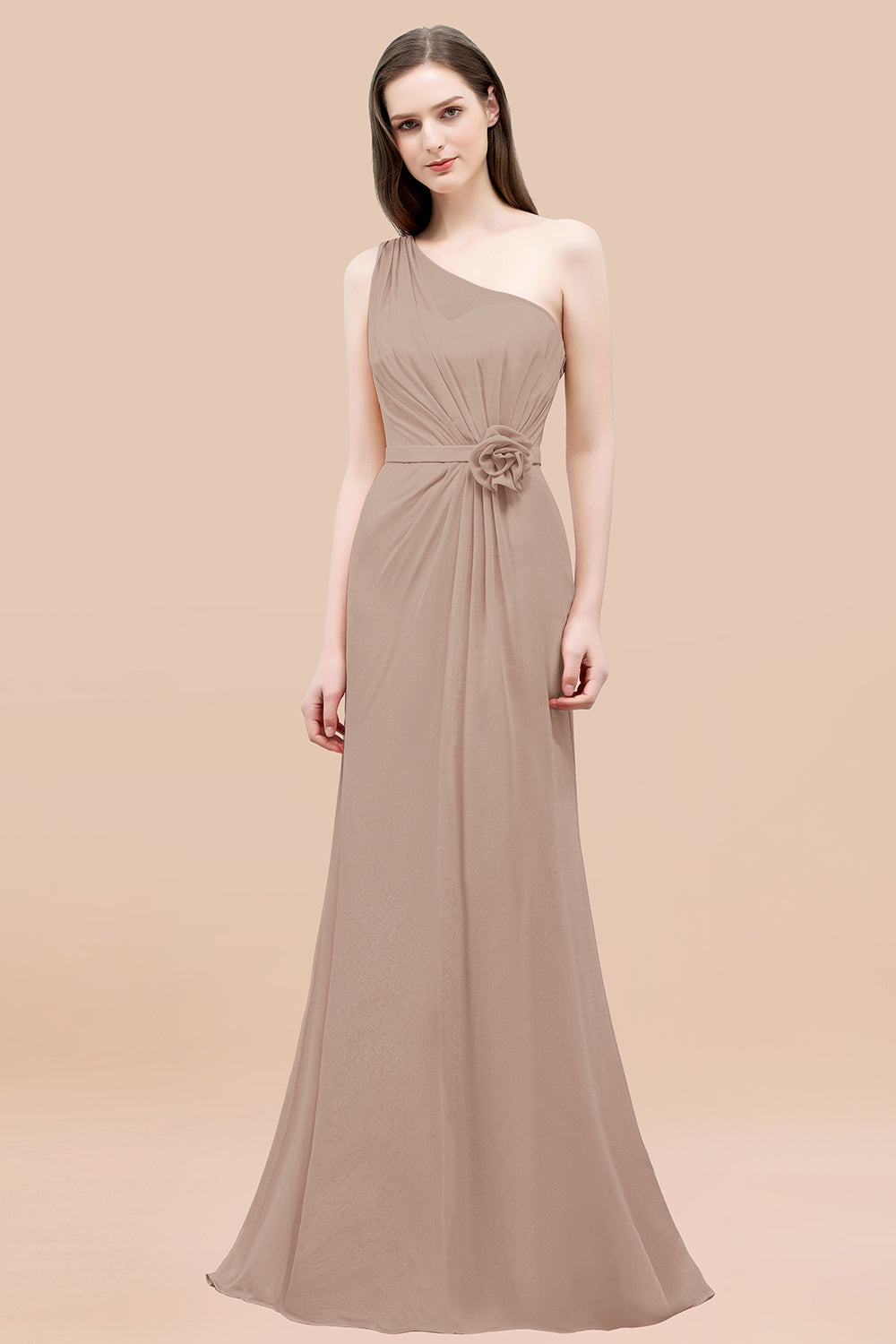 Mermaid Chiffon One Shoulder Sleeveless Ruffled Floor Length Bridesmaid Dresses with Flower