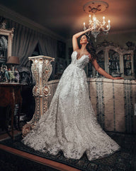 Gorgeous Long A-line V-neck 3D Floral Lace Wedding Dresses