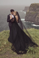 Black Long A line V-neck Backless Lace Wedding Dresses with Sleeves