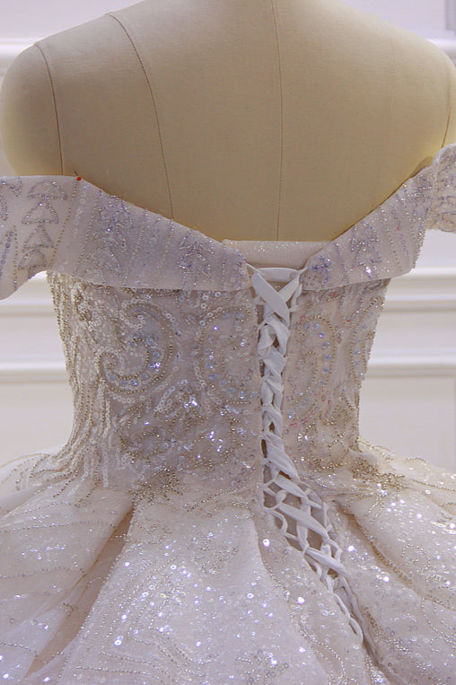 Classy Long Off the Shoulder Sequin Beading Satin Ruffles Ball Gown Wedding Dress