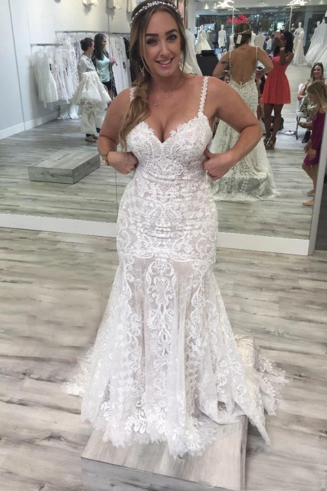 Long Spaghetti Straps Mermaid V Neck Backless Lace Wedding Dress