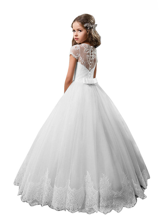 White Long A-line Floor Length Tulle Lace First Communion Flower Girl Dresses