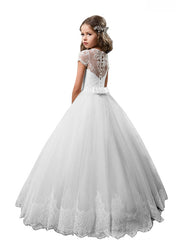 White Long A-line Floor Length Tulle Lace First Communion Flower Girl Dresses