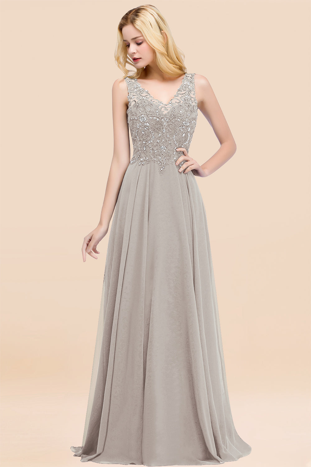 Dusty Rose Lace V-Neck Long Bridesmaid Dresses With Appliques