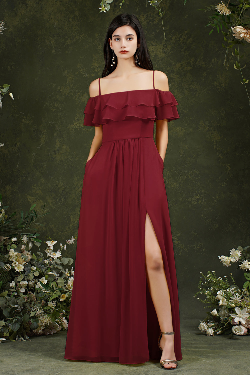 Vintage Off the Shoulder Spaghetti Straps Backless A-line Split Chiffon Bridesmaid Dress With Pockets