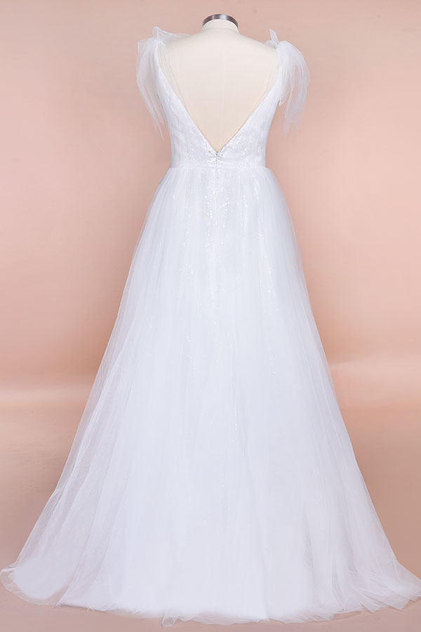 Plus Size Long V-neck Appliques Tulle A-line White Wedding Dress