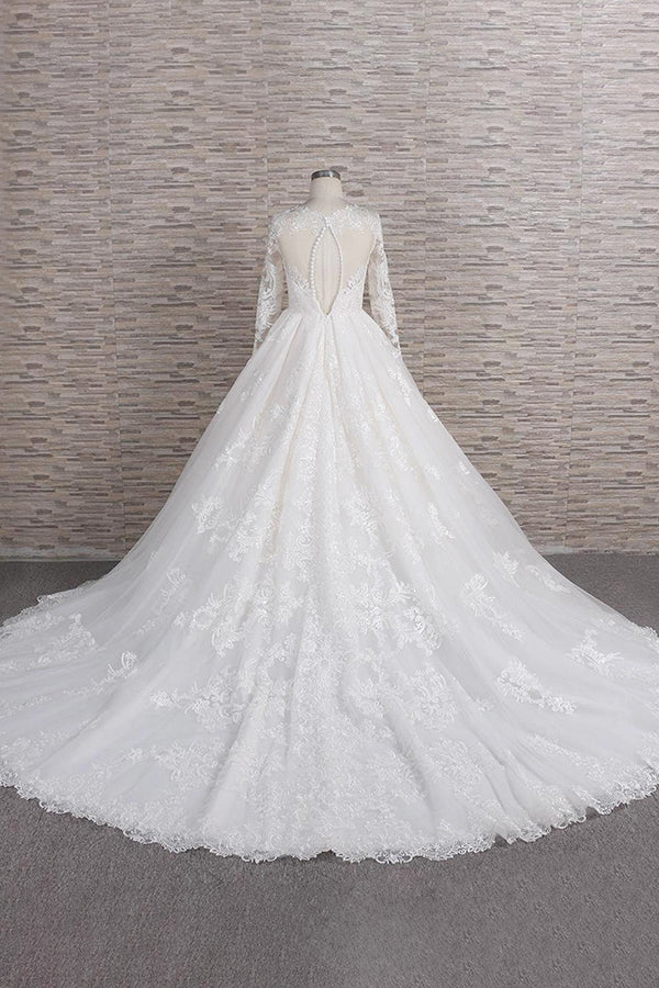 Elegant Plue Size V-neck A-line Tulle Lace Appliques Wedding Dress with Sleeves