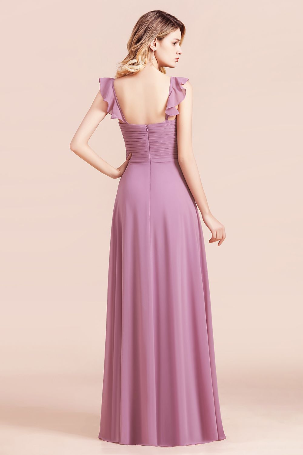 Sweetheart Ruffles Straps Chiffon Long Bridesmaid Dress A-Line Sleeveless Party Dress