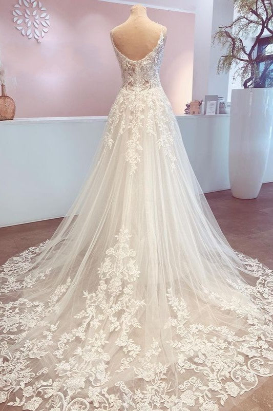 Long Spaghetti Straps Appliques Lace Backless A-Line Train Wedding Dress