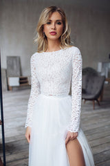 Long A-line Lace Chiffon Two Piece Wedding Dress with Sleeves