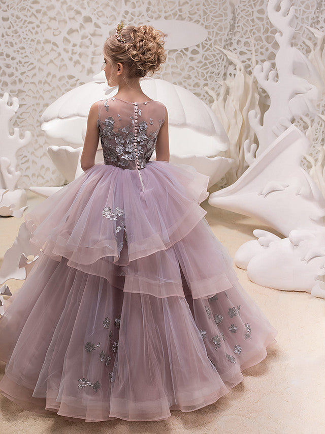 Long Ball Gown Tulle Sleeveless Jewel Neck Party Girl Dresses