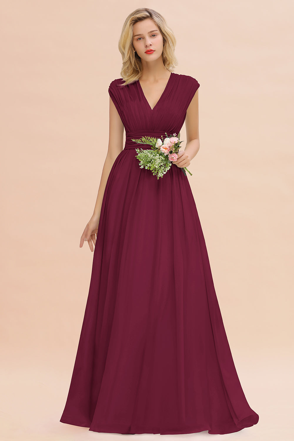 Chiffon V-Neck Sleeveless Elegant A-line Ruffles Bridesmaid Dress
