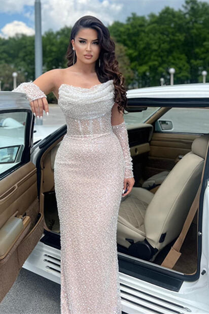 Sparkle Sequined Strapless White Mermaid Long Prom Dress with Gloves
