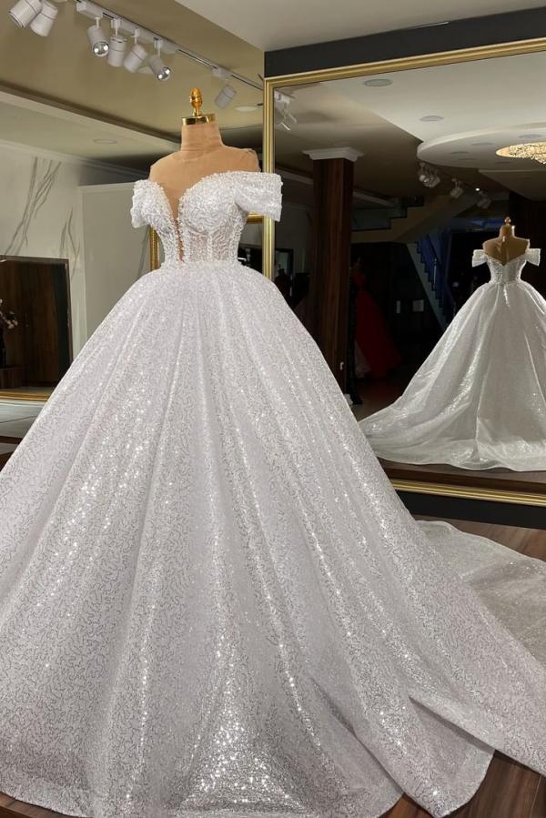 Gorgeous Long Ball Gowns Off the Shoulder Sequins Wedding Dress
