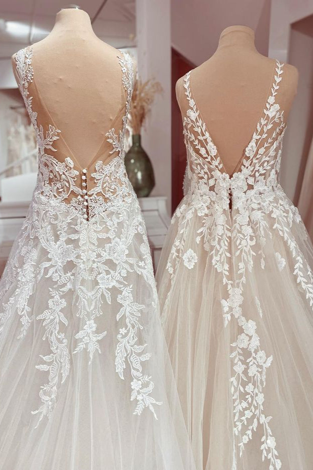Charming Long V-neck Appliques Lace Floor Length A-Line Tulle Wedding Dress