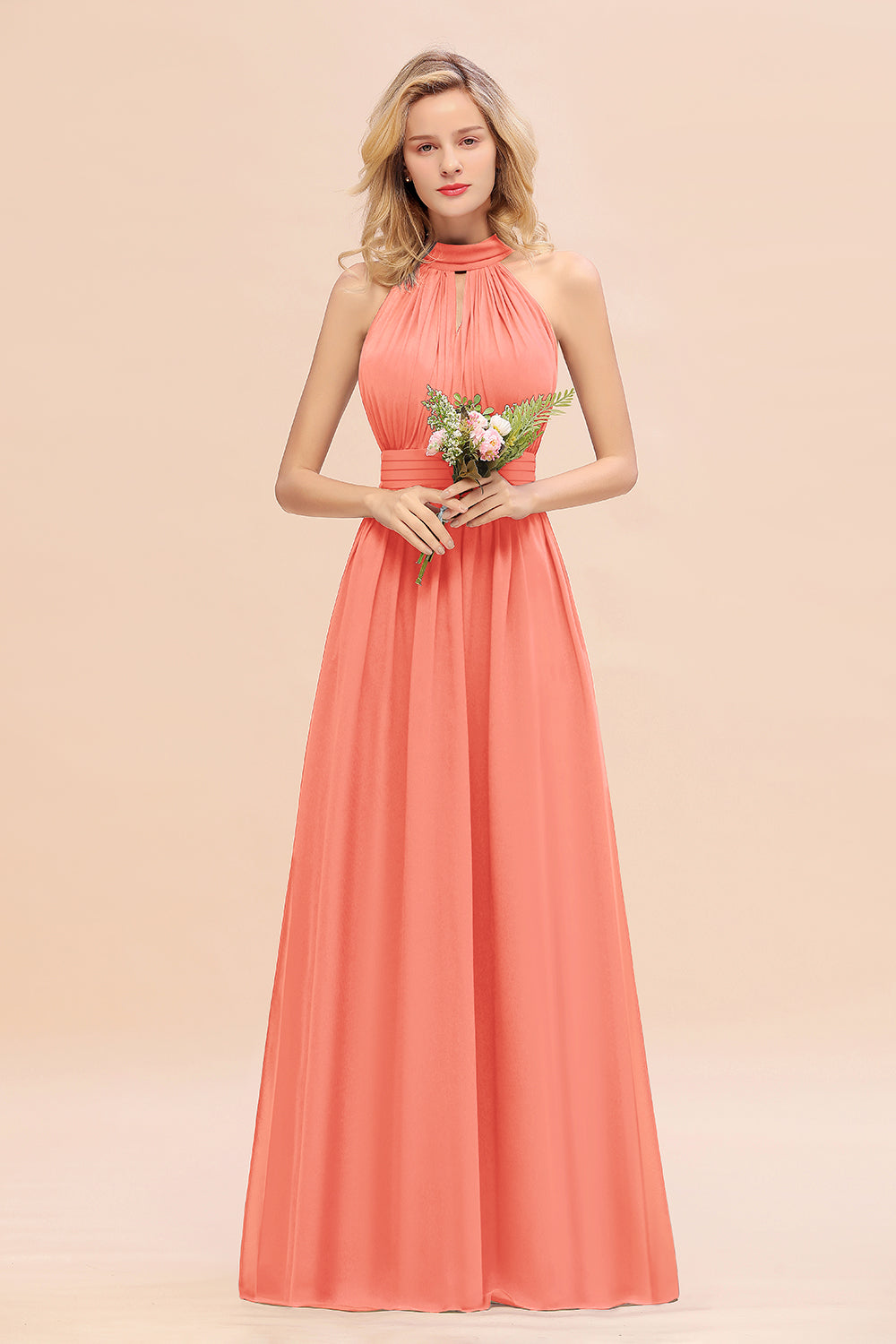Dusty Sage Long High Neck Chiffon Bridesmaid Dresses with Ruffle