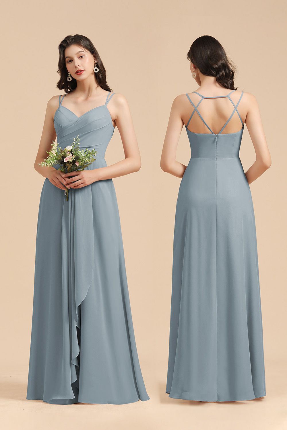 Long A-line V-Neck Chiffon Bridesmaid Dress Dusty Blue Wedding Guest Dress