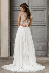 Elegant Long A_line Lace Chiffon Two Piece Wedding Dress