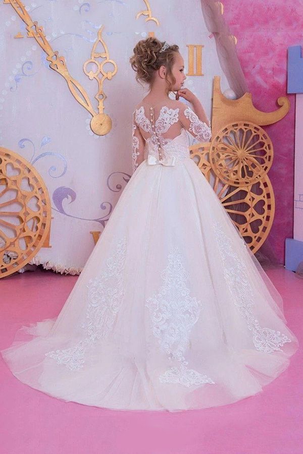 Ball Gown Tulle Applique Lace Flower Girl Dresses With Long Sleeves