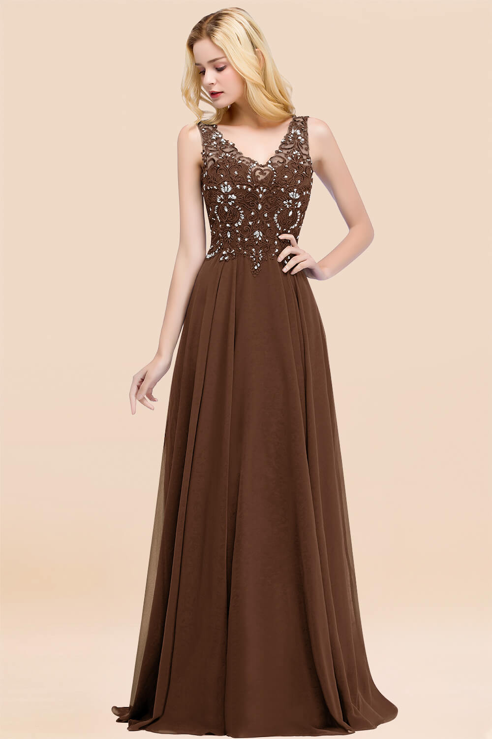A-line Chiffon Appliques V-neck Sleeveless Floor Length Bridesmaid Dresses with Crystals