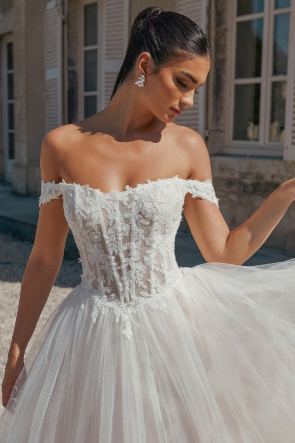 Long A Line Off The Shoulder Open Back Tulle Wedding Dress with Appliques Lace