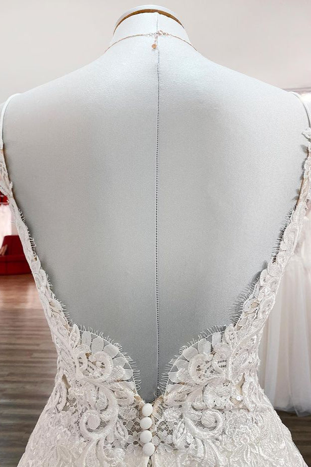 Classy Long A-line Tulle V Neck Sleeveless Ruffles Wedding Dress With Lace