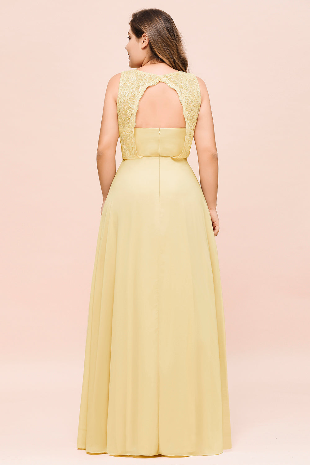 Plus Size Chiffon Jewel Daffodil Long Wedding Guest Dress with Lace