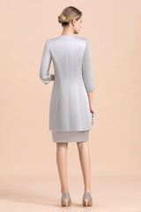 Silve Lace Appliques Short Knee-Length Mother Of the Bride Dress