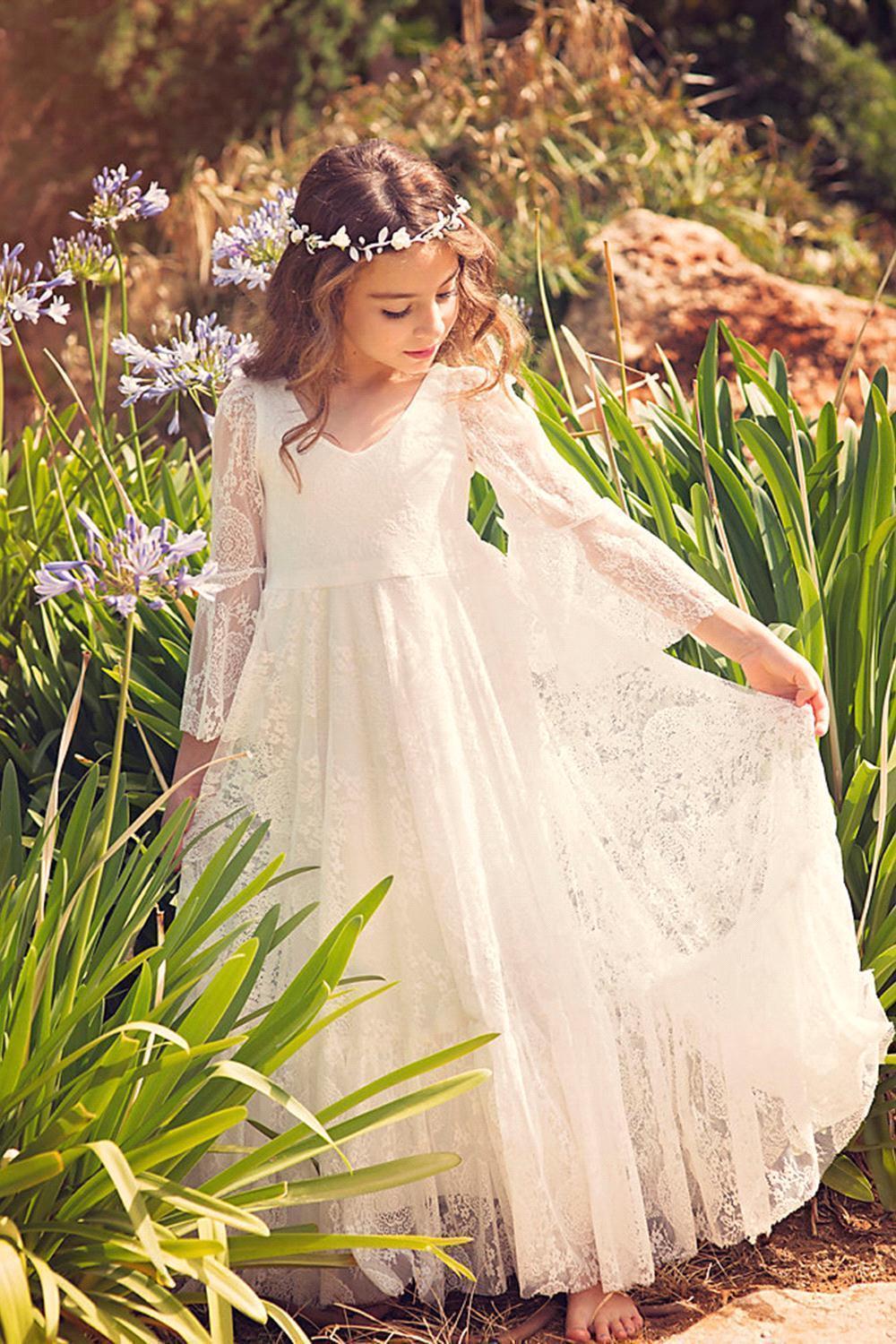 Long A-line Appliques Lace V-neck Floor Length Flower Girl Dress with Sleeves