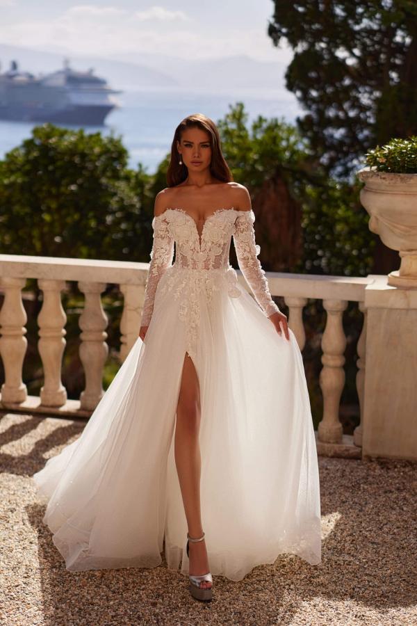 Long Sleeve A-Line Off the Shoulder Appliques Lace Wedding Dress with Slit