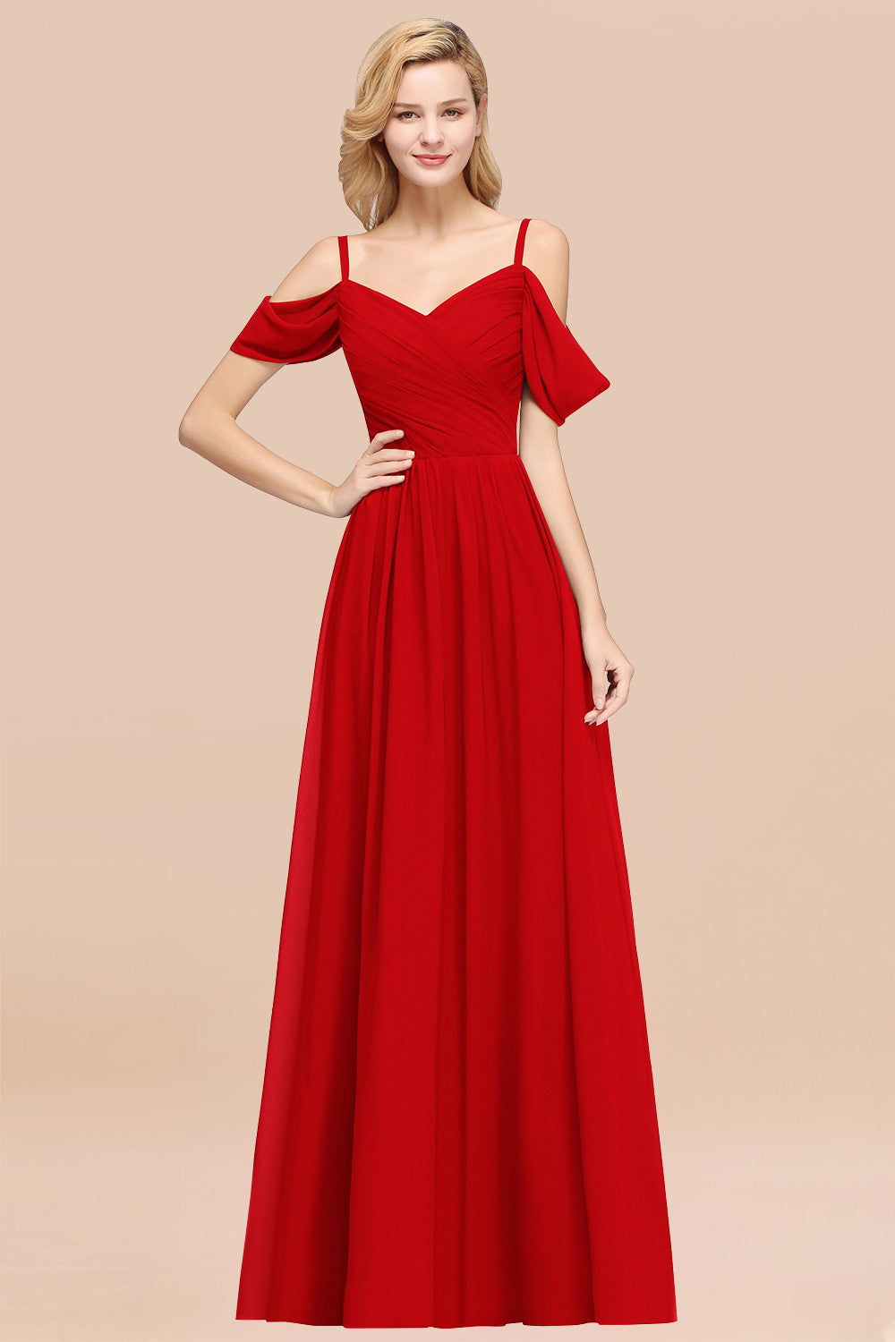 A-Line Chiffon V-Neck Spaghetti Straps Short Sleeves Floor Length Bridesmaid Dresses with Ruffles