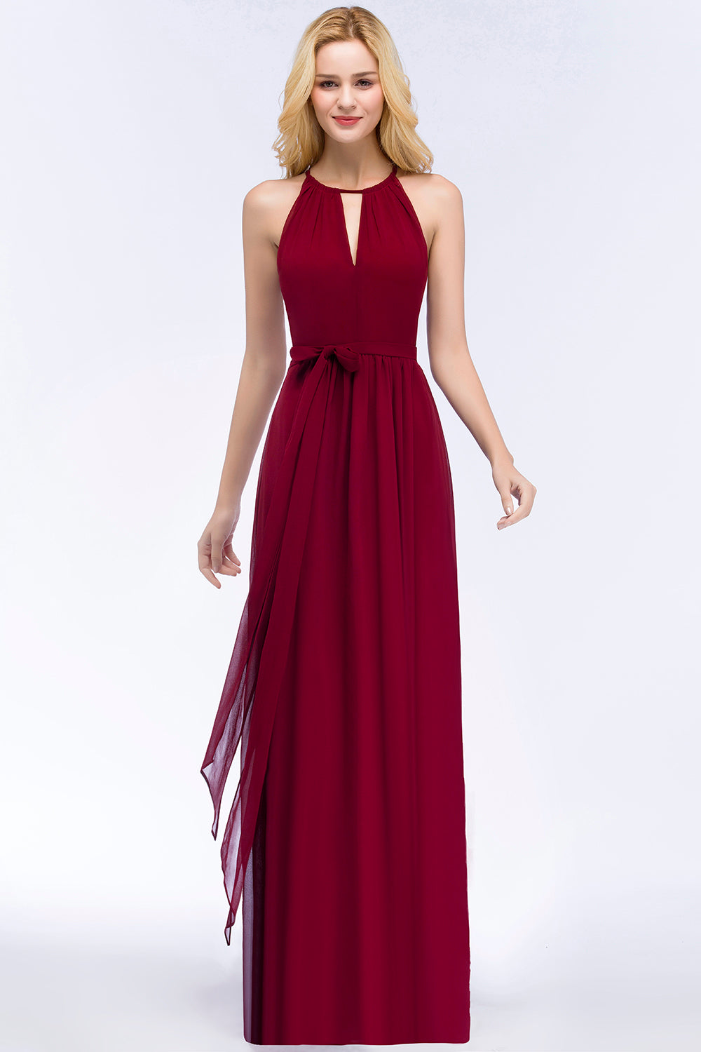Vintage A-Line Chiffon Halter Sleeveless Ruffles Bridesmaid Dresses with Bow Sash