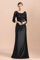 Elegant 3/4 Sleeves Black Satin Lace Ruffles Evening Dresses
