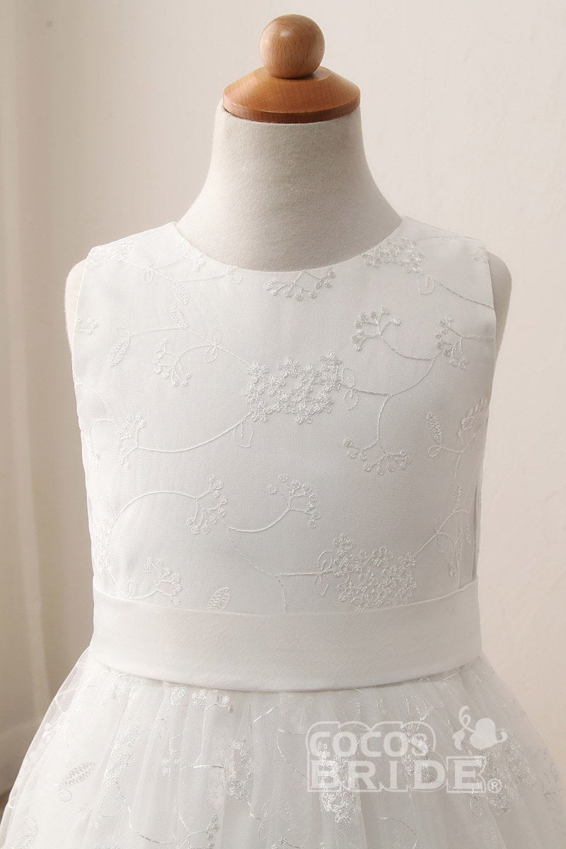 Long Scoop Neck Short Sleeveless Ball Gown Flower Girl Dress