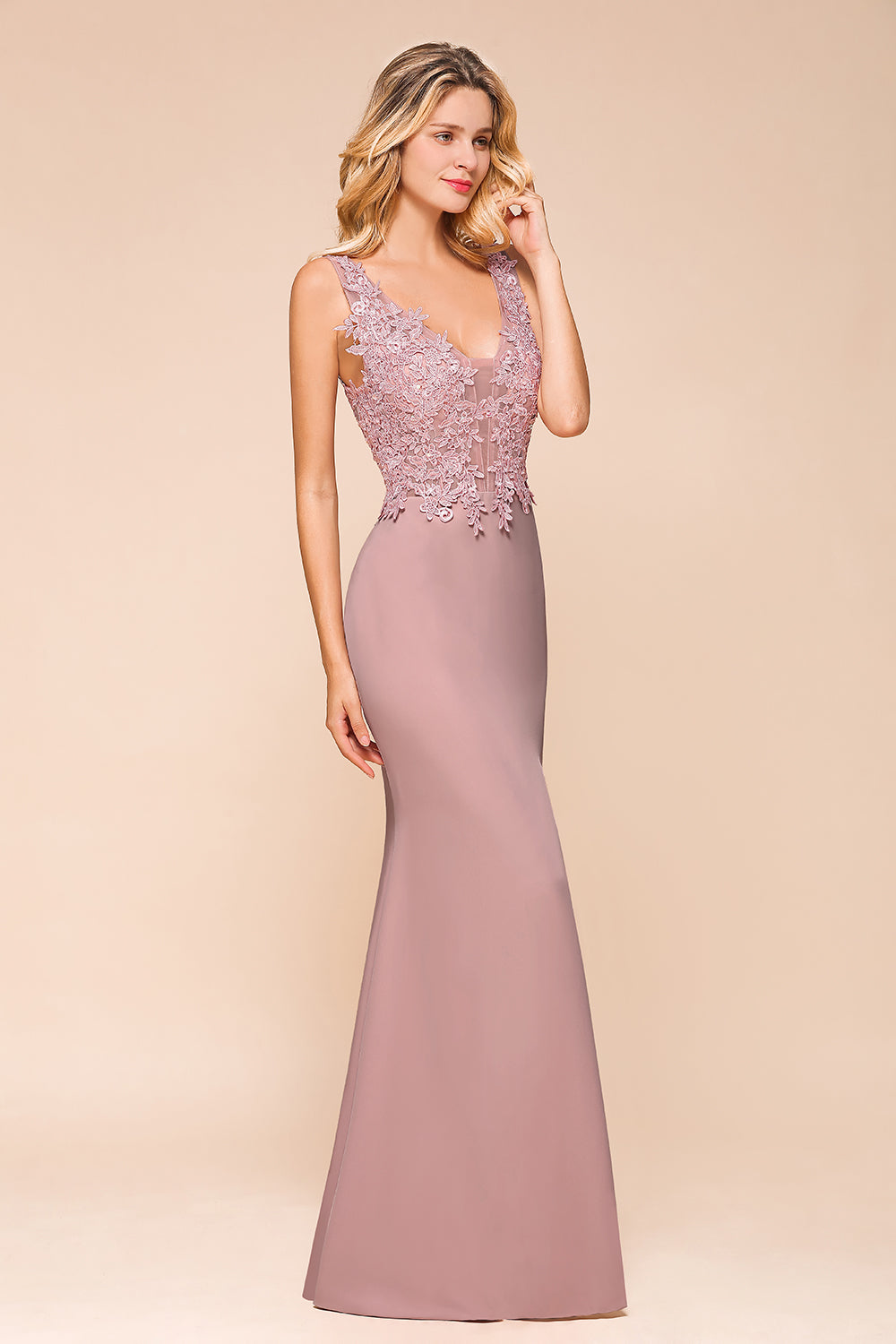 Dusty Pink Long Mermaid Lace Sleeveless Evening Gowns