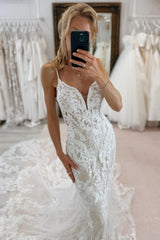 Long Spaghetti Straps Open Back Sweetheart Lace Mermaid Floor Length Wedding Dress