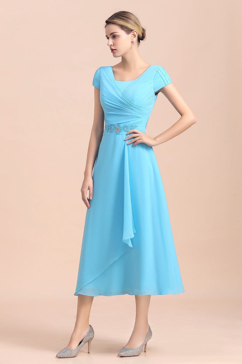 Blue Short Sleeves Chiffon Ruffles Tea-length Mother of the Bride Dress