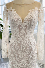 Gorgeous Long Mermaid Jewel Tulle Lace Backless Wedding Dresses with Sleeves