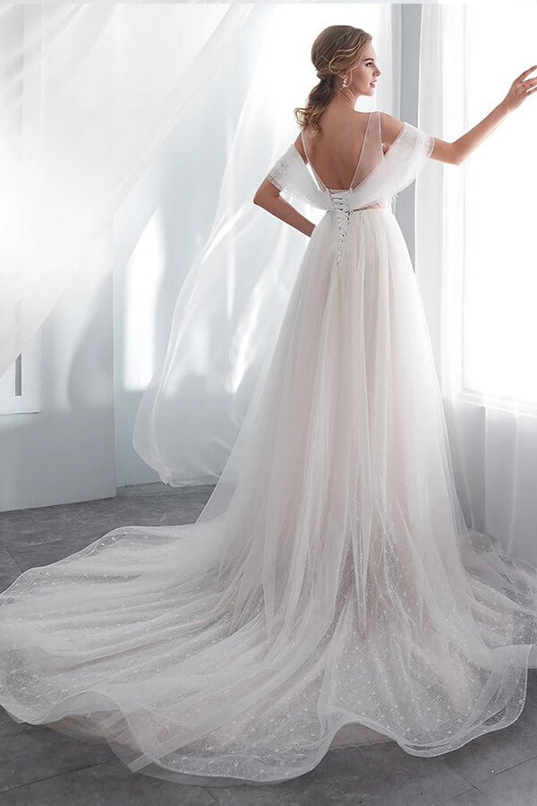 Long V-neck Ruffle Cold shoulder Tulle A-line Wedding Dress