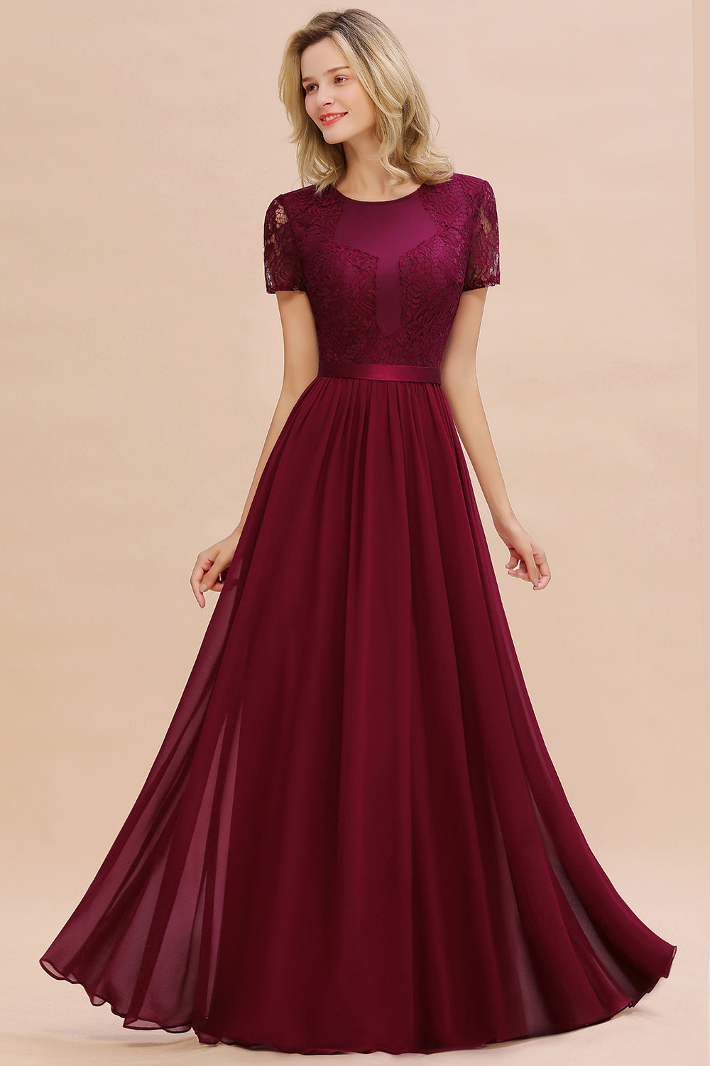 Chiffon Lace Scoop Short Sleeve Bridesmaid Dress