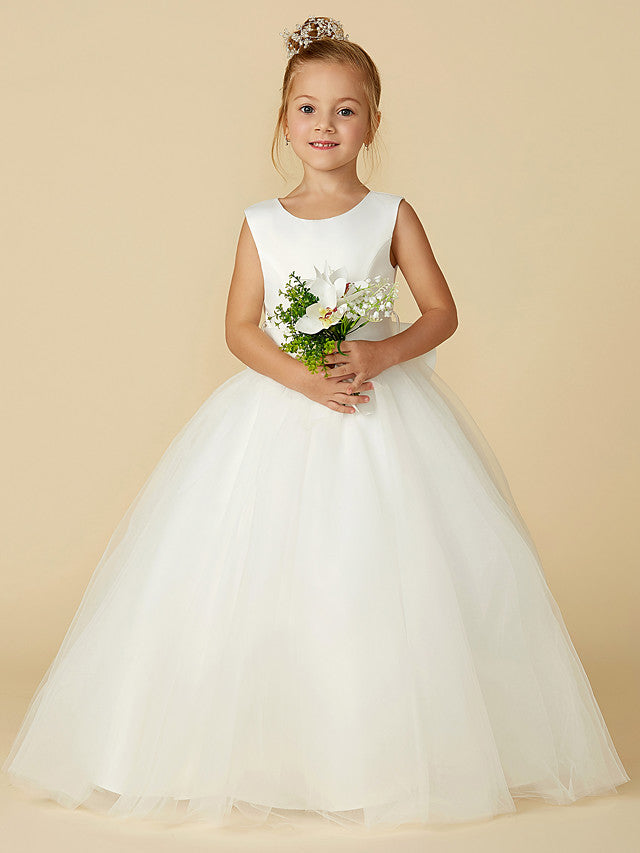 Long A-line Tulle Sleeveless Jewel Neck Satin First Communion Flower Girl Dresses