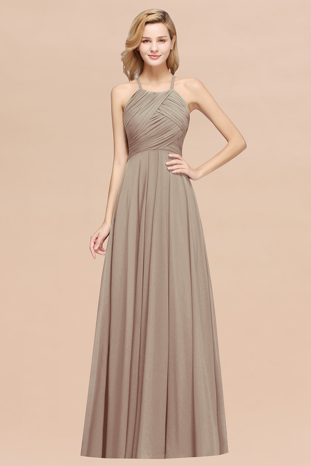 A-Line Chiffon Halter Ruffles Floor Length Bridesmaid Dress