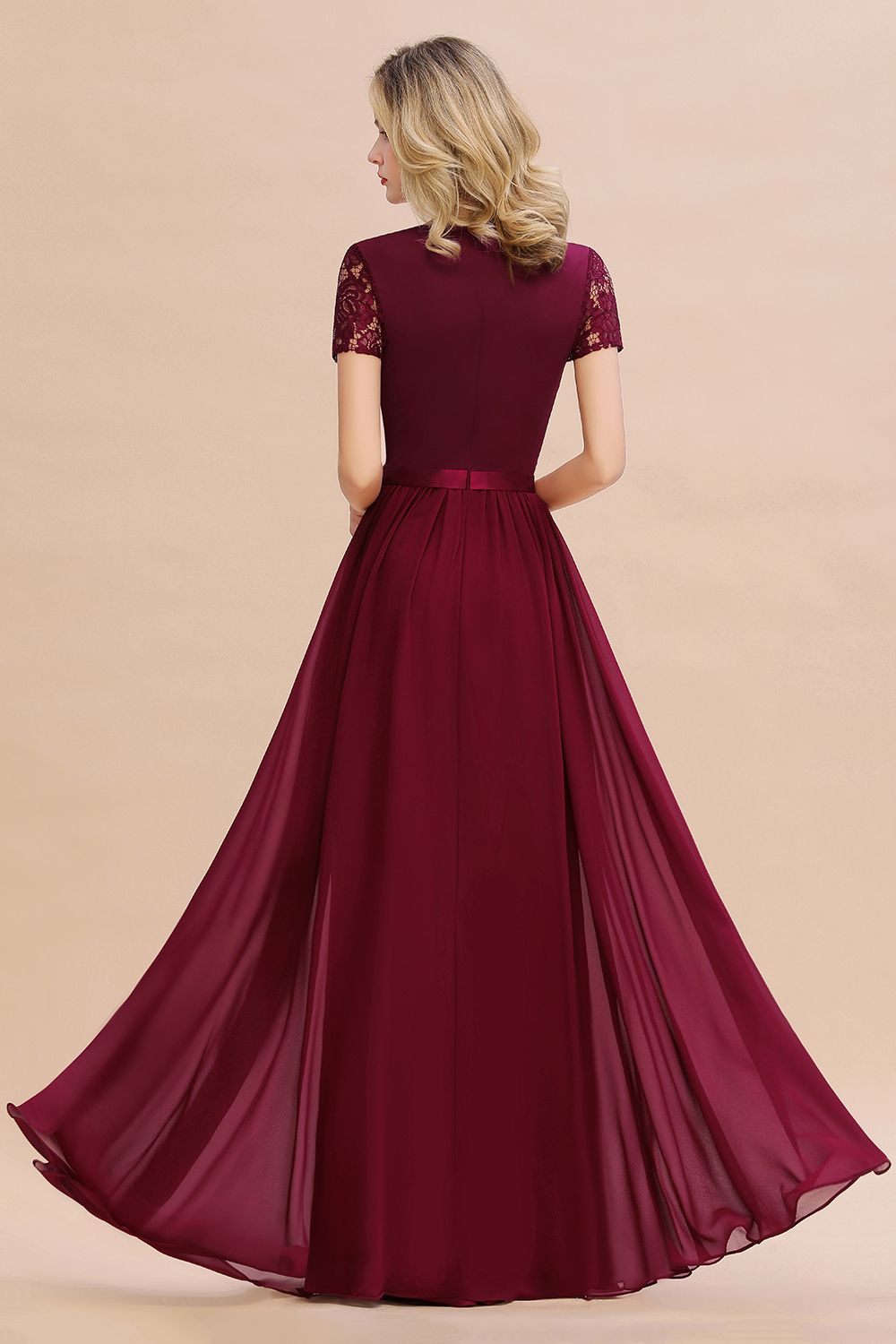 Chiffon Lace Scoop Short Sleeve Bridesmaid Dress