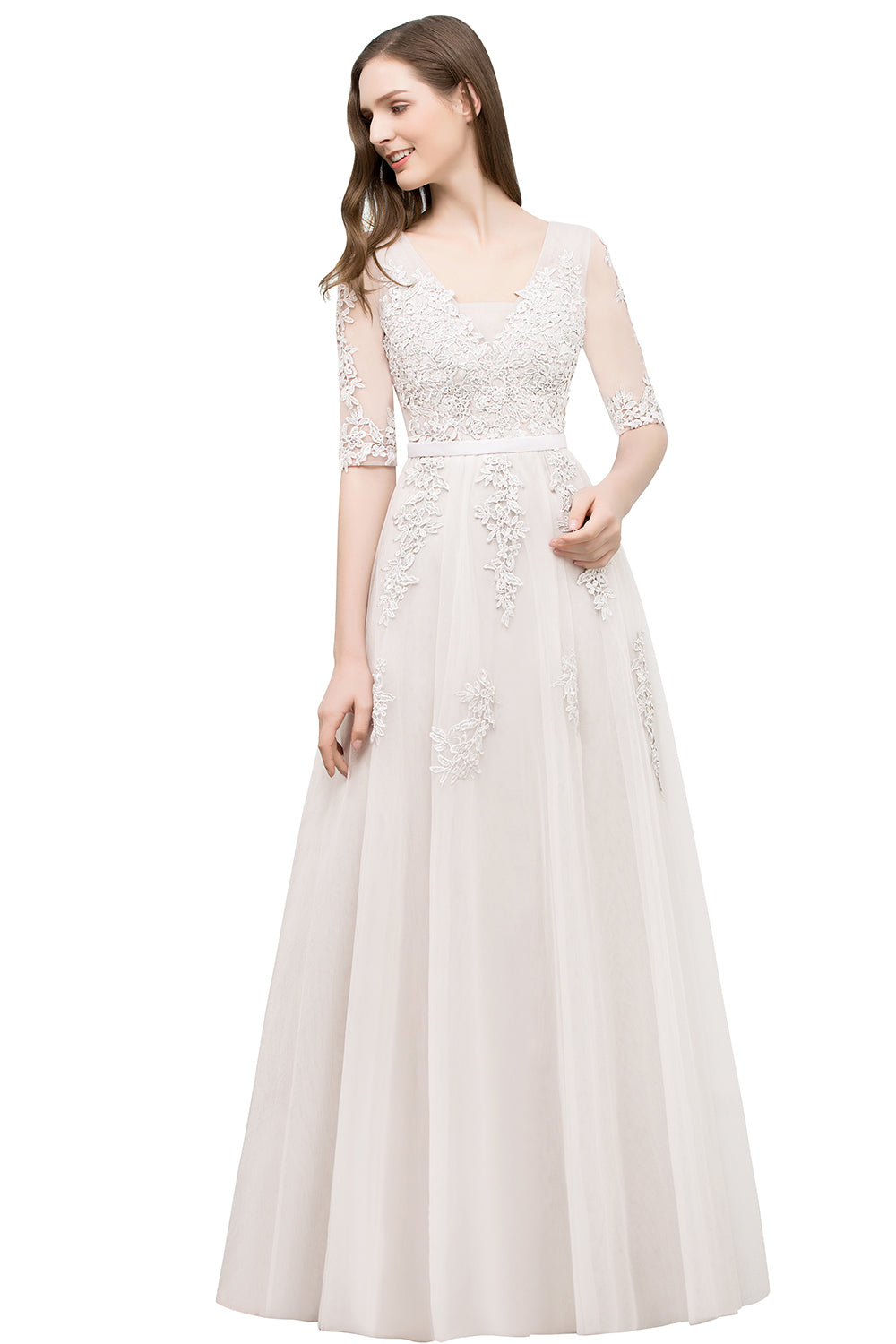 Long V-neck Tulle Lace A-line Evening Dress with Sleeves