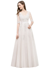 Long V-neck Tulle Lace A-line Evening Dress with Sleeves