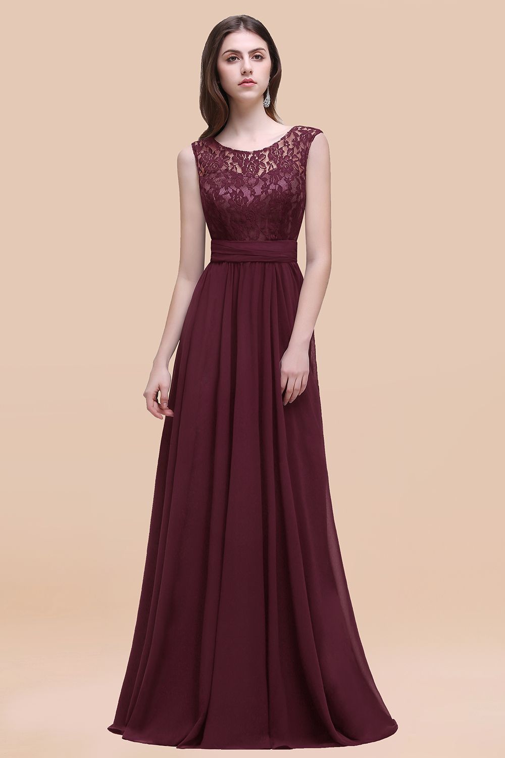 Elegant A-line Chiffon Lace Scoop Sleeveless Floor Length Bridesmaid Dress