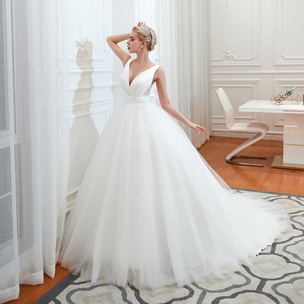 Long A-Line Tulle Wide Straps Deep V-neck Floor Length Wedding Dress